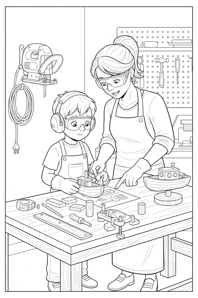 Wooden boat project coloring page